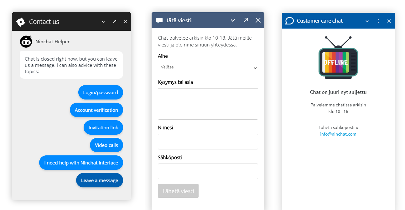 Offline-näkymiä: Ninchat-kevytbotti, yhteydenottolomake, suljettu-viesti